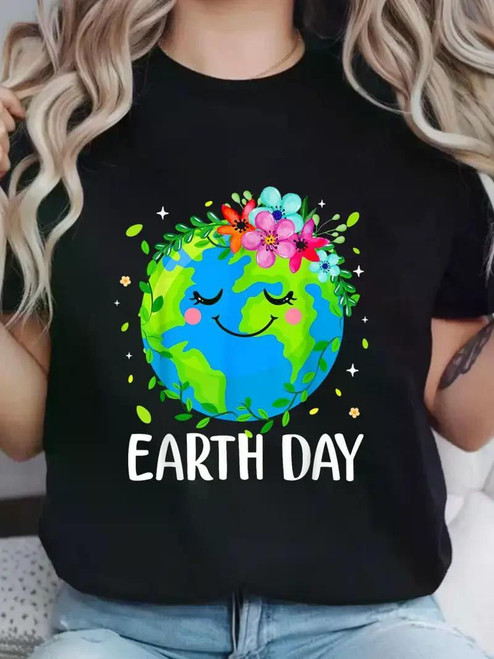 Women's Earth Day T-Shirt - Cute Floral Earth Graphic, Soft, Casual Fit, Short Sleeve, Round Neck, Machine Washable, Black with Colorful Design, Ladies T Shirts