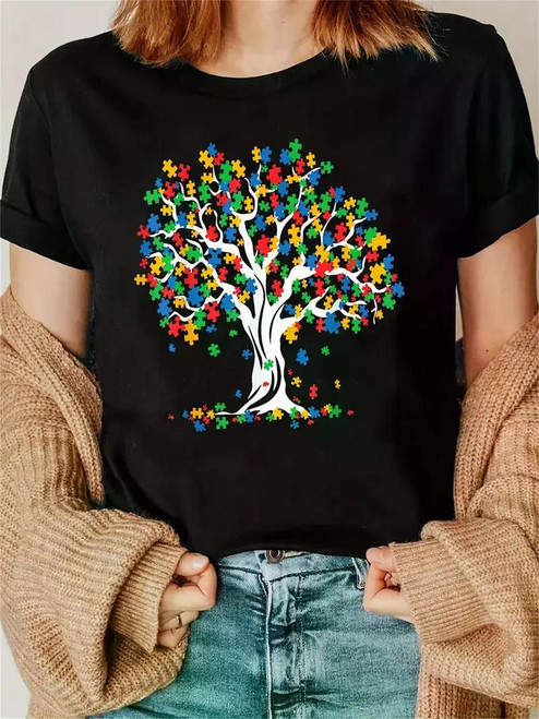 Large Size 220g, Autism Awareness Tree Of Life Graphic T-Shirt - Women'S Casual Crew Neck Short Sleeve Top, Stretch Polyester Blend, Machine Washable QHX-1128-126