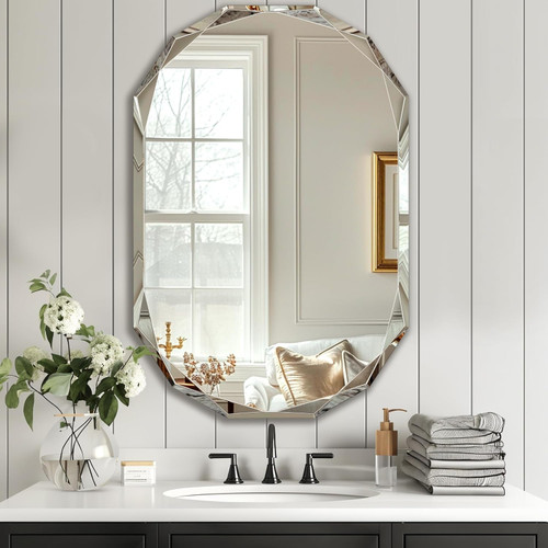 Bathroom Mirror for Wall, 24" X 36" Oval Mirror, Bathroom Vanity Mirror, Beveled Edge Frameless Wall Mount Vanity Mirror, Wall Mirror Decorative, Irregular Beveled Edge Mirror