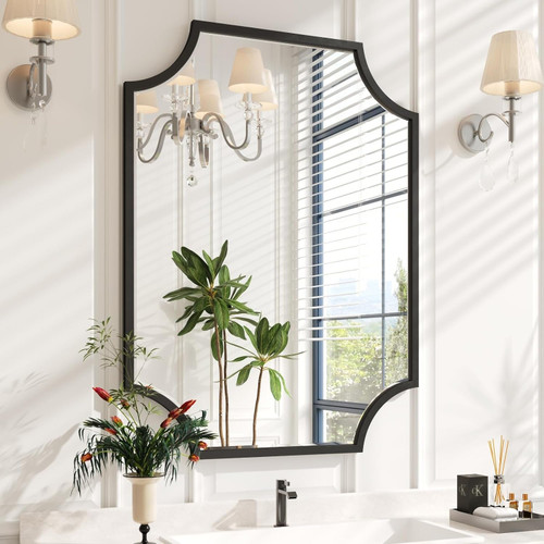 30"X40" Large Black Bathroom Mirror for Wall, Gold Scalloped Vanity Mirror Bevelled Framed Decorative Mirror for Master Bath Half Bath Entrance Hallway Fireplace Bedroom Living Room