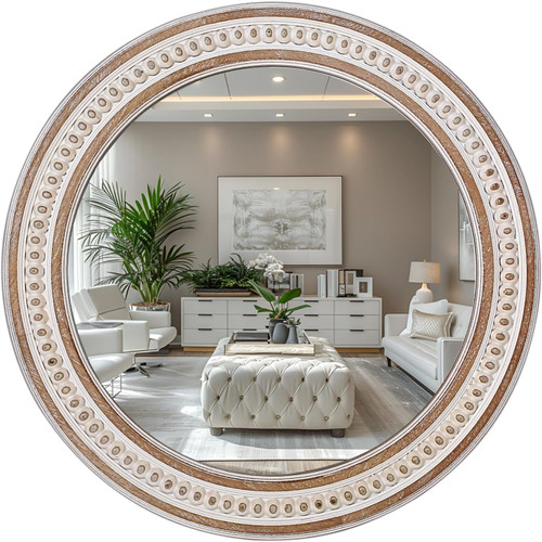 Round Bathroom Mirror Wall Mirrors - 24 Inches Wooden Circle Mirror Rustic Farmhouse Mirror Boho Accent Mirror for Entryway Chic Decorative Mirrors for Bedroom, Living Room, Entryway