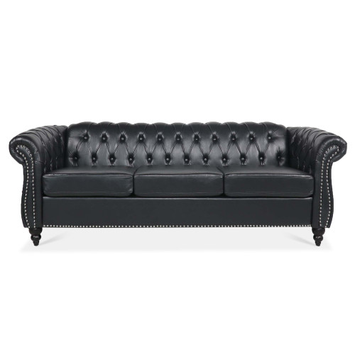 Black PU Rolled Arm Chesterfield Three Seater Sofa