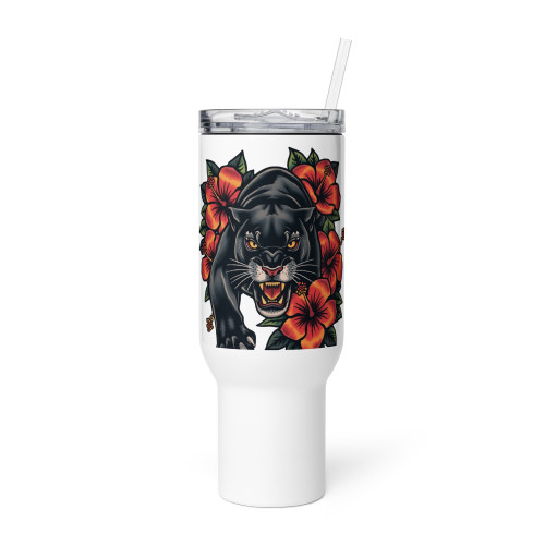 Black Panther & Hibiscus Insulated Travel Mug with Handle