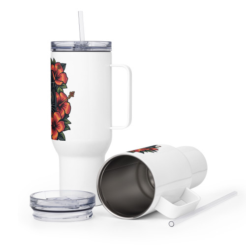 Black Panther & Hibiscus Insulated Travel Mug with Handle