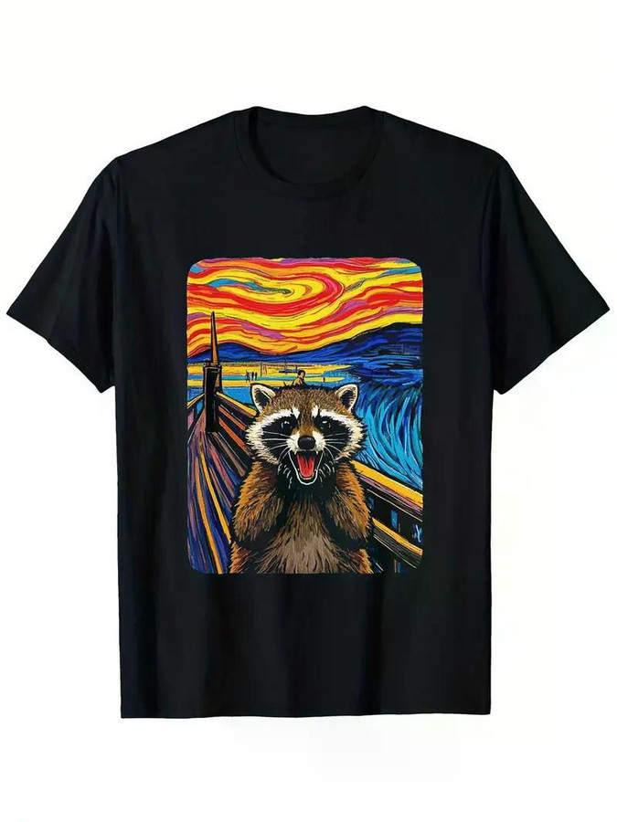 Terrified Raccoon Print Men'S Fashionable Summer Short Sleeve Sports T-shirt, Comfortable And Versatile