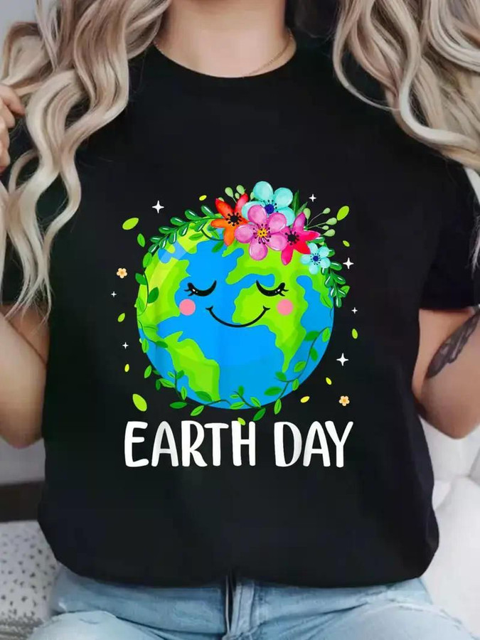 Women's Earth Day T-Shirt - Cute Floral Earth Graphic, Soft, Casual Fit, Short Sleeve, Round Neck, Machine Washable, Black with Colorful Design, Ladies T Shirts
