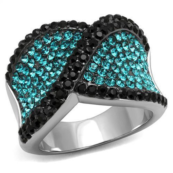TK2764 - Two-Tone IP Black Stainless Steel Ring with Top Grade Crystal  in Blue Zircon