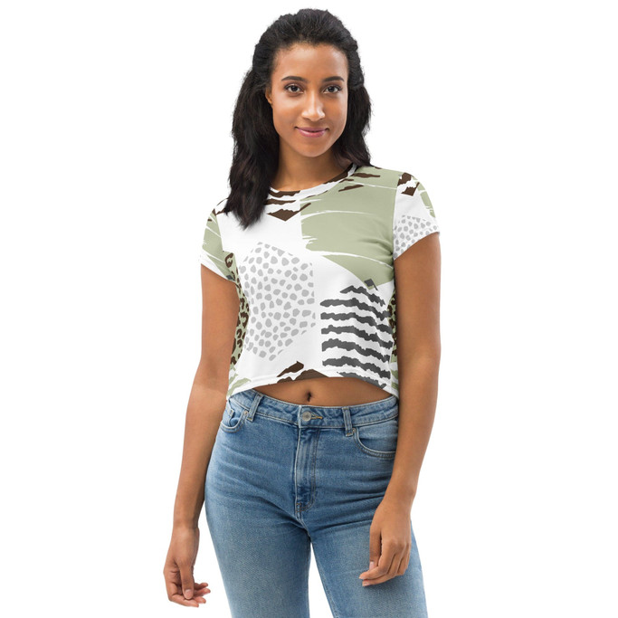 Womens Stretch Fit Crop Tee T-shirt - Brown Green Grey Geometric Hexagon Print