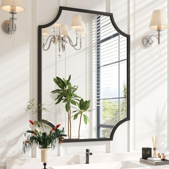 30"X40" Large Black Bathroom Mirror for Wall, Gold Scalloped Vanity Mirror Bevelled Framed Decorative Mirror for Master Bath Half Bath Entrance Hallway Fireplace Bedroom Living Room
