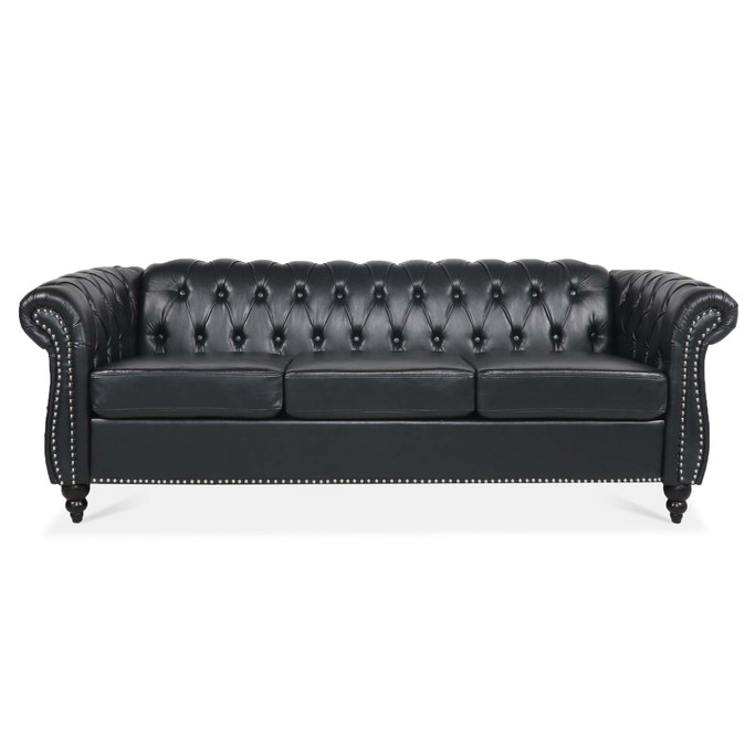 Black PU Rolled Arm Chesterfield Three Seater Sofa