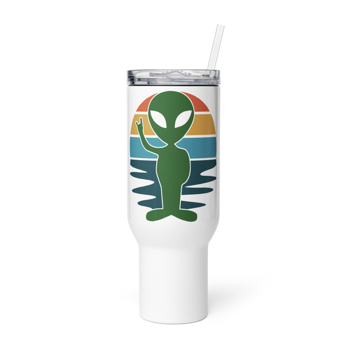 Retro Sunset Alien Silhouette Travel Mug with Handle