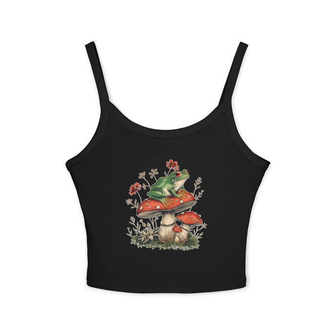 Frog on Toadstool Crop Tank Top — Vintage Floral Mushroom Graphic