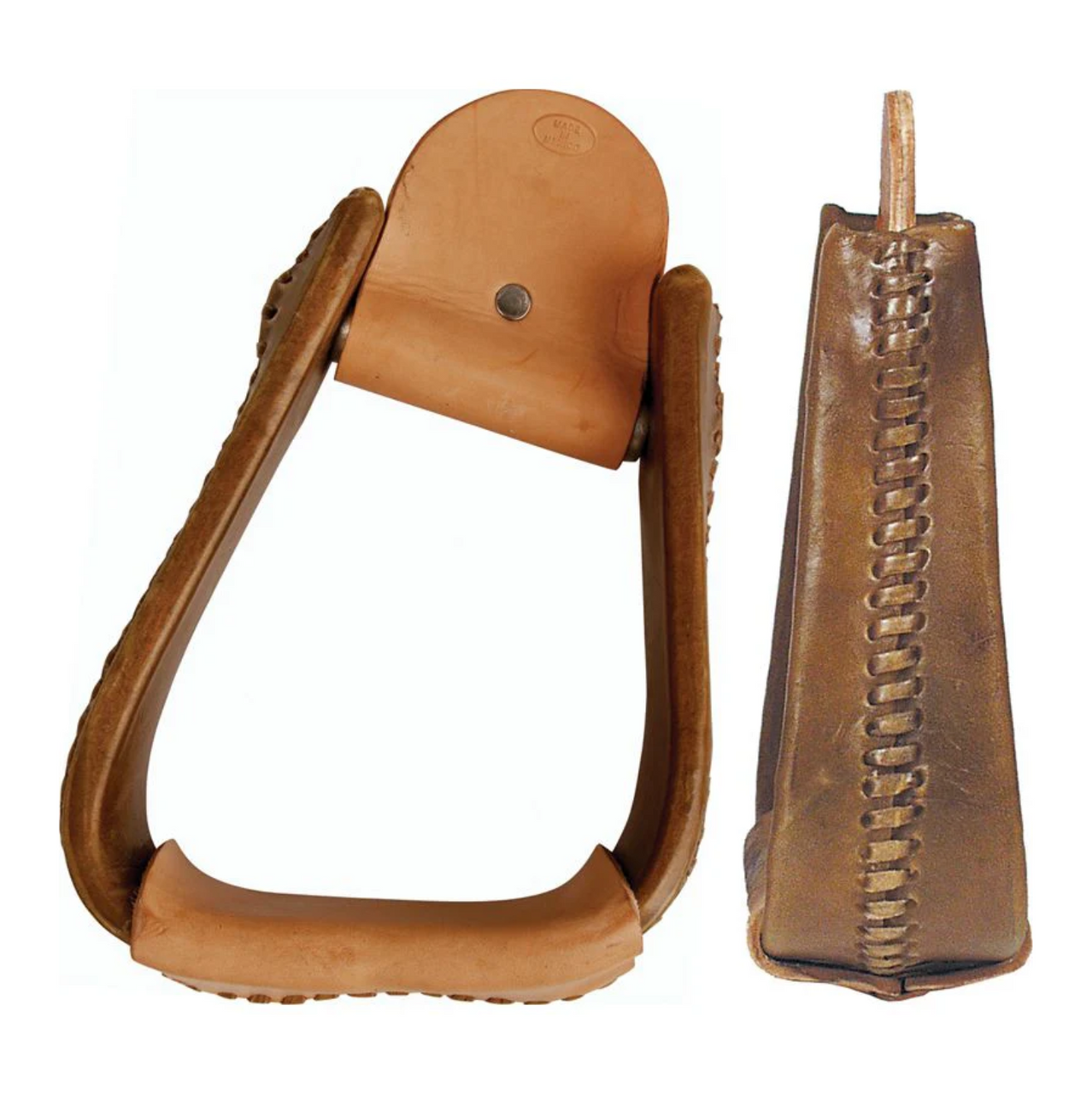 CHALLENGER Western 5" Wide Rawhide Brown Angled Stirrups - Slanted Design For Knee Relief, Roper Style