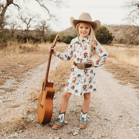 Blue Vintage Cowgirl Long Sleeve Pearl Snap Dress