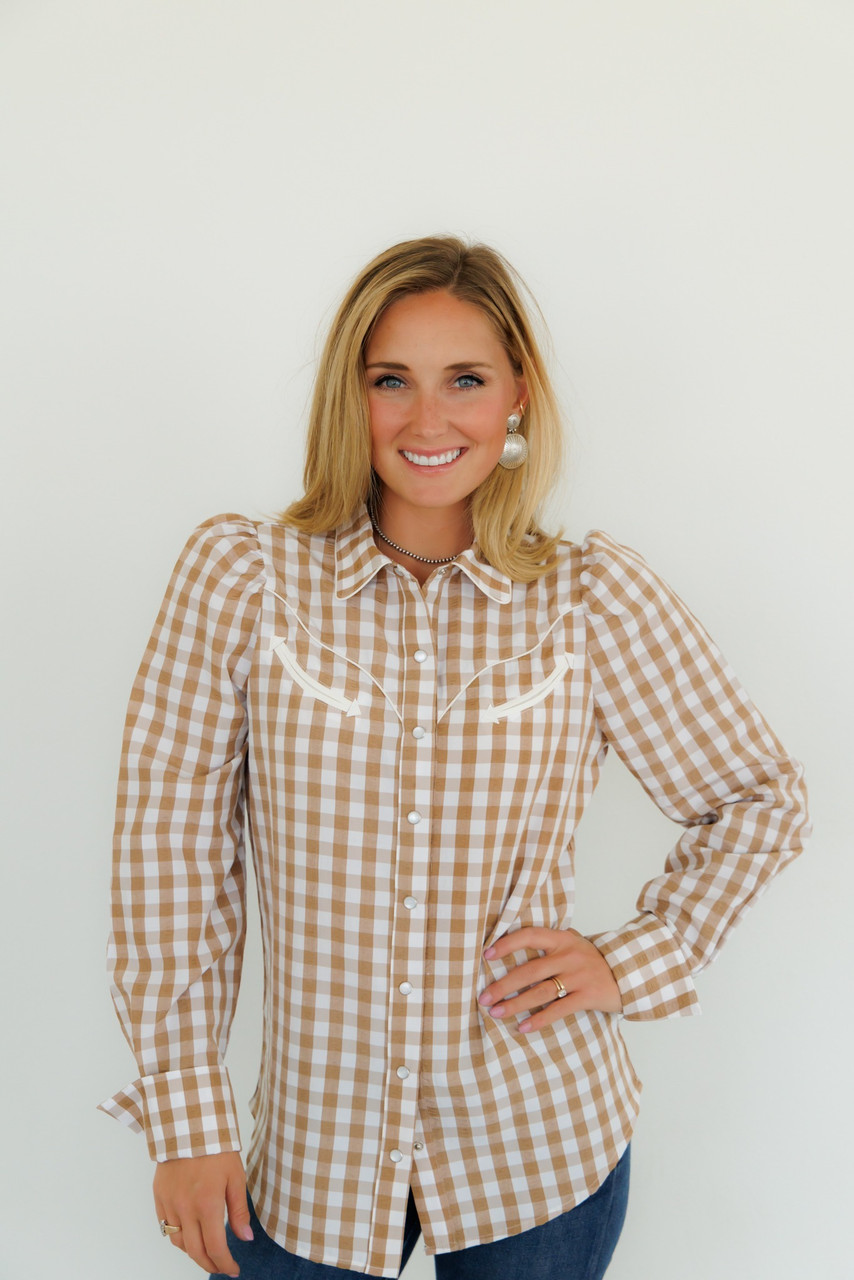 Women's Brown Gingham Pearl Snap Puff Sleeve Top