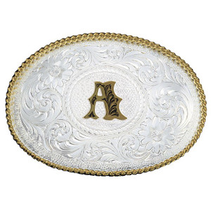 Montana Silver Initial Engraved Gold Trim Western Belt Buckle Montana Silver Initial Engraved Gold Trim Western Belt Buckle