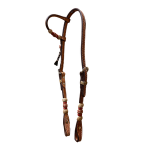 Ray's Basket Stamped Light Oil One Ear Headstall with Red Round Rawhide Trim Ray's Basket Stamped Light Oil One Ear Headstall with Red Round Rawhide Trim