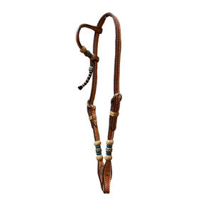 Ray's Basket Stamped Light Oil One Ear Headstall with Turquoise Round Rawhide Trim