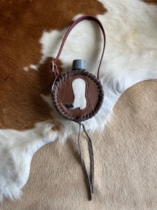 Leather Covered Mini Canteen with Black/White Cowboy Boot Cowhide Inlay
