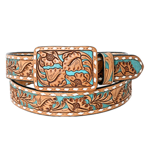 Genuine Turquoise Buckstitch Floral Leather Belt Genuine Turquoise Buckstitch Floral Leather Belt
