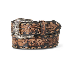 Ariat Men's Black and Brown Floral Tooled Buckstitch Belt Ariat Men's Black and Brown Floral Tooled Buckstitch Belt