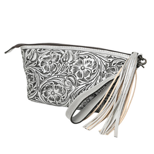 Silver Tooled Wristlet Oversized Clutch Travel Bag