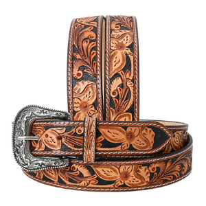 Genuine Women's Black Underlay Tooled Leather Belt Genuine Women's Black Underlay Tooled Leather Belt