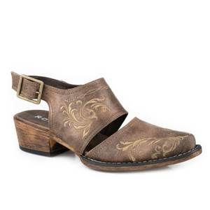 Roper Women's Brown Embroidered Western Mule With Buckled Back Strap Roper Women's Brown Embroidered Western Mule With Buckled Back Strap