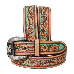 Genuine Women's Turquoise Underlay Floral Tooled Belt Genuine Women's Turquoise Underlay Floral Tooled Belt