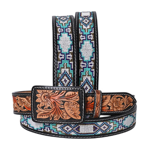 Genuine Women's Black Leather Beaded Tooled Belt Genuine Women's Black Leather Beaded Tooled Belt