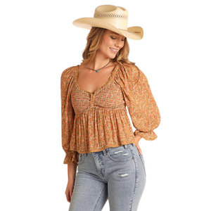 Rock & Roll Women's Mustard Disty Floral Blouse Rock & Roll Women's Mustard Disty Floral Blouse