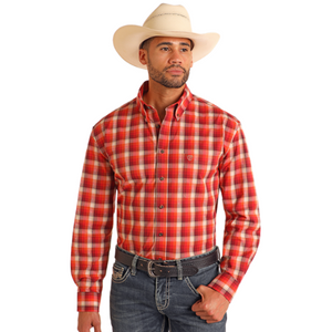 Rock & Roll Men's Red Plaid Dobby Button-Down Western Shirt Rock & Roll Men's Red Plaid Dobby Button-Down Western Shirt