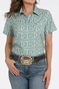 Cinch Women's Lime Short Sleeve Geometric Print Button-Down Western Shirt Cinch Women's Lime Short Sleeve Geometric Print Button-Down Western Shirt