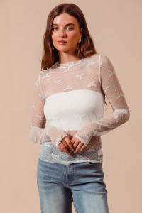Women's Ivory Bow Ribbon Sheer Lace Top Women's Ivory Bow Ribbon Sheer Lace Top