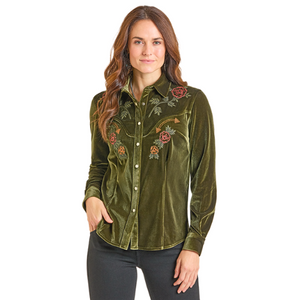 Panhandle Slim Women's Green Velvet Retro Snap Long Sleeve Shirt