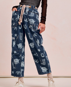 Women's Cowpoke Icons Printed Draw Denim Jeans