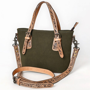 Olive Canvas Crossbody with Tooled Leather Straps