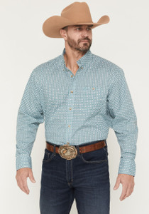 Wrangler Men's Classic Teal Geo Print Long Sleeve Button-Down Western Shirt