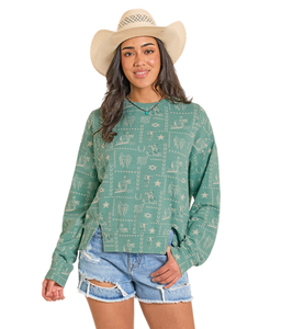 Rock & Roll Women's Turquoise Conversational Print Pullover