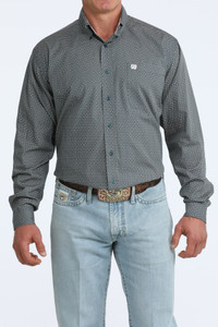 Cinch Men's Teal Geometric Print Long Sleeve Button-Down Shirt