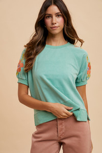 Women's Sage Mineral Washed Embroidered Sleeve Shirt