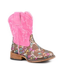 Roper Toddler Girls' Bronze Floral Glitter Square Toe Boots