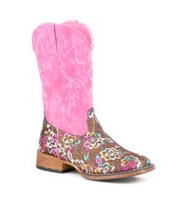 Roper Kids' Bronze Floral Glitter Square Toe Boots