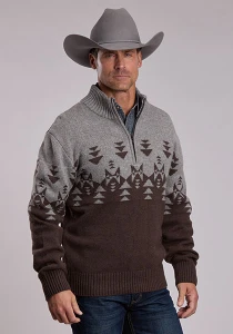Stetson Men's Brown Wool Aztec Border Quarter Zip Sweater