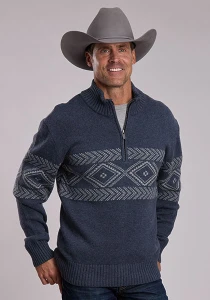 Stetson Men's Blue Aztec Border Wool Quarter Zip Sweater