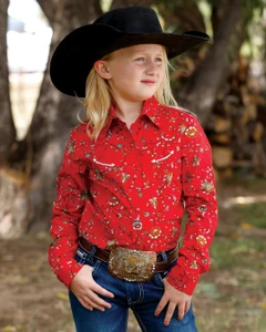 Cruel Girl's Red Floral Print Long Sleeve Western Shirt