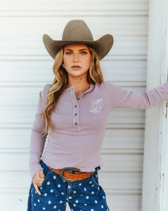 Women's Lavender Mineral Wash Boot Embroidered Long Sleeve Henley