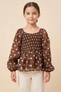 Girl's Brown Smocked Polka Dot Peplum Top