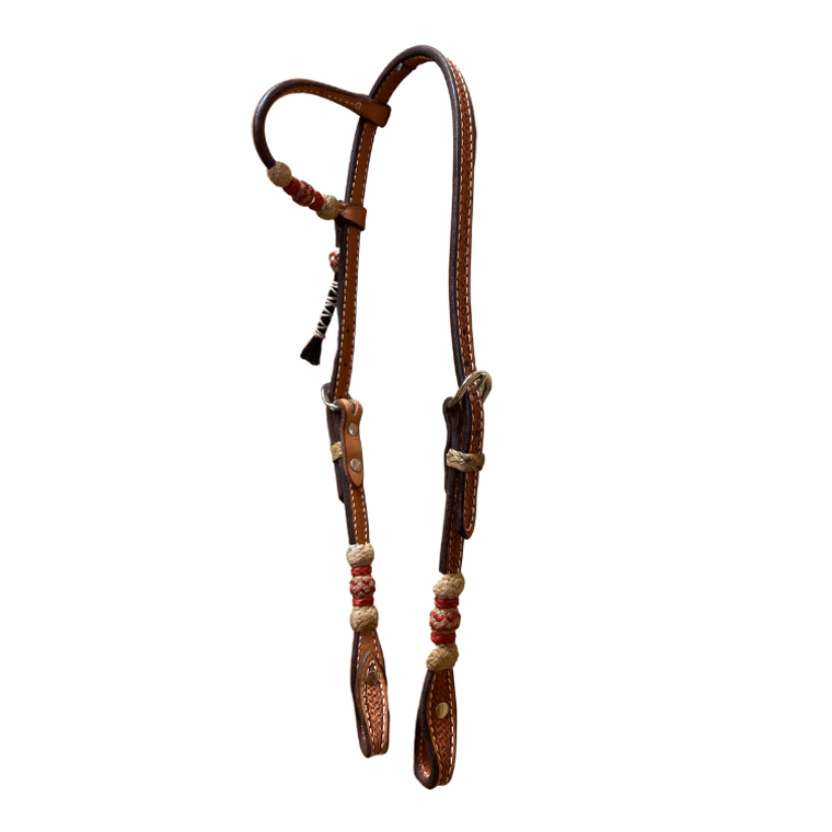 Ray's Basket Stamped Light Oil One Ear Headstall with Red Round Rawhide Trim