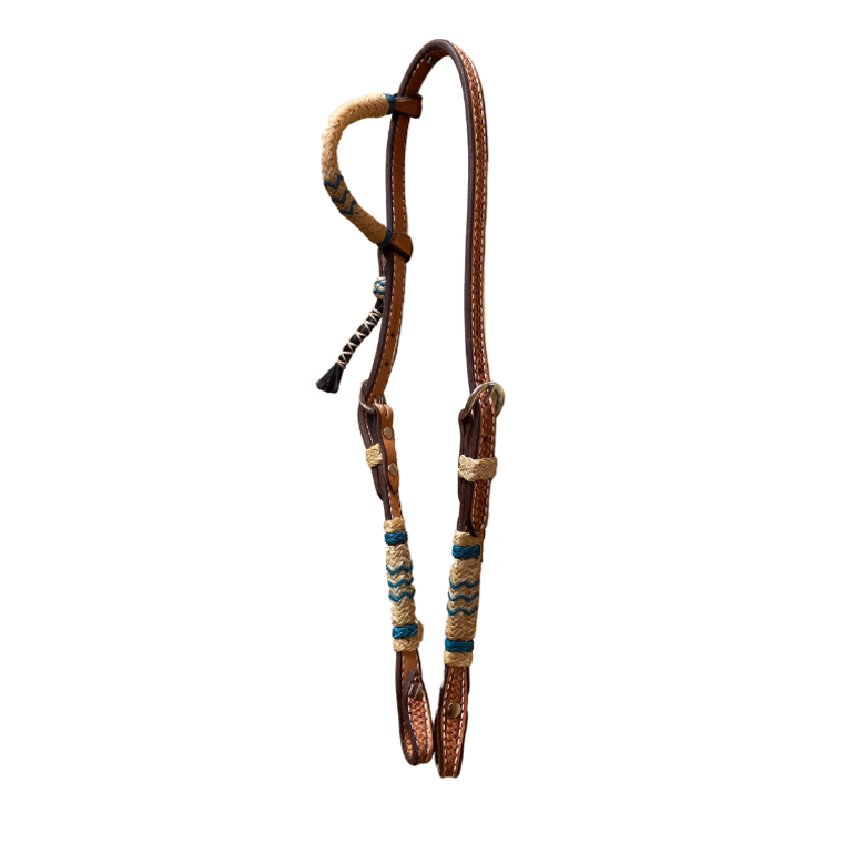 Ray's Basket Stamped Light Oil One Ear Headstall with Turquoise Rawhide Trim